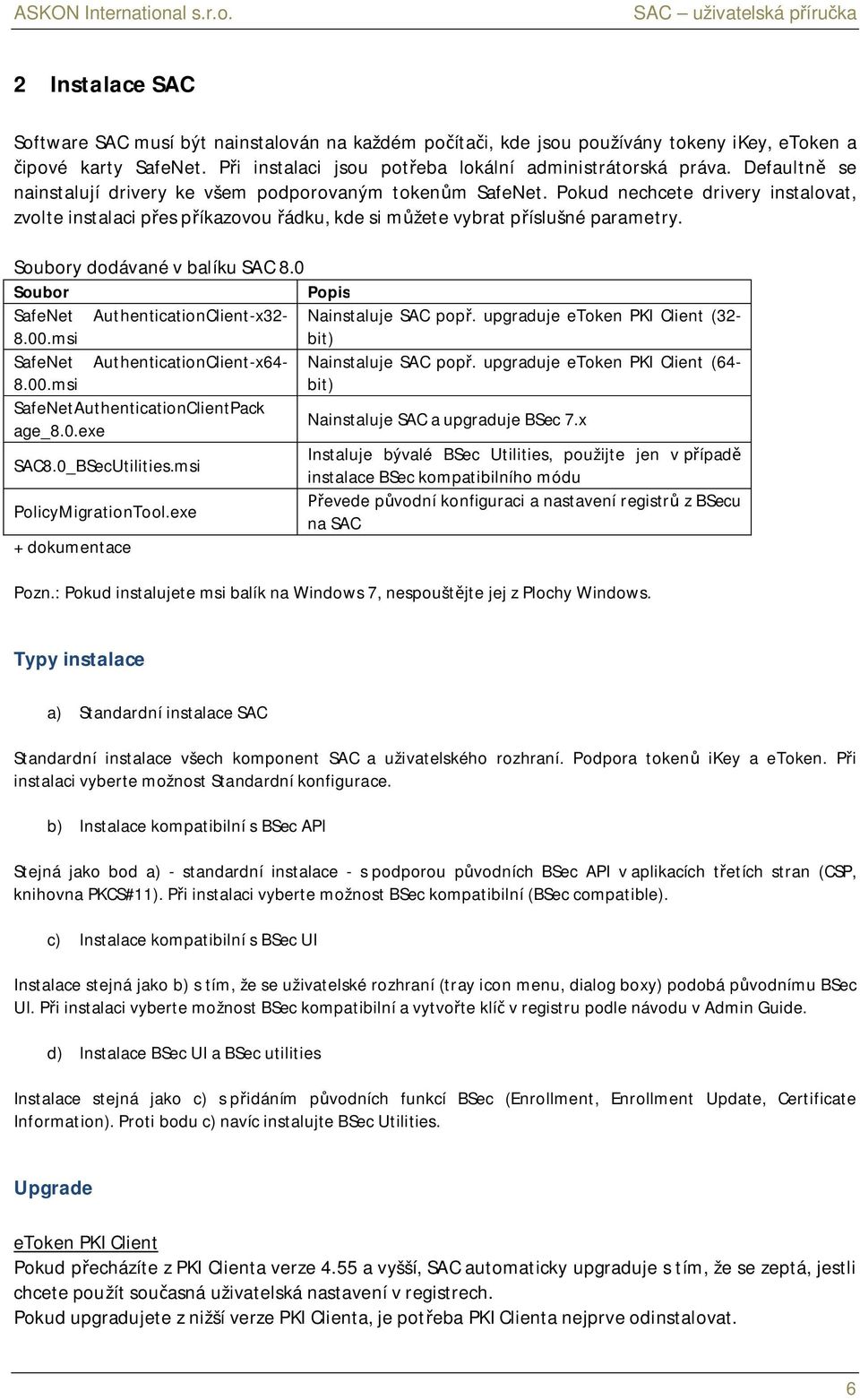 Soubory dodávané v balíku SAC 8.0 Soubor Popis SafeNet AuthenticationClient-x32- Nainstaluje SAC pop. upgraduje etoken PKI Client (32-8.00.