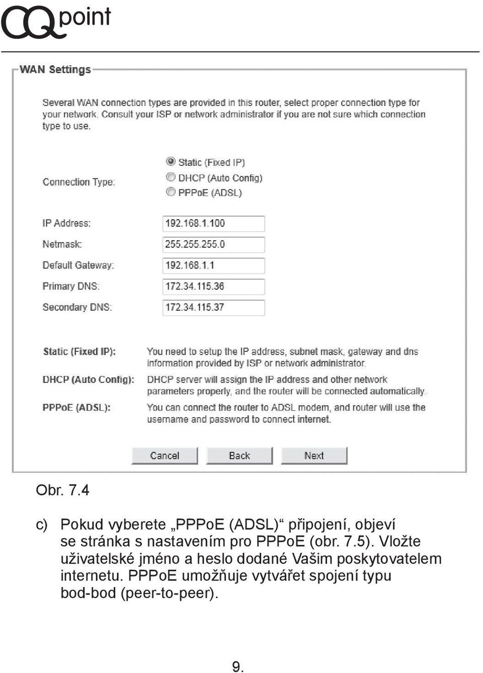 stránka s nastavením pro PPPoE (obr. 7.5).