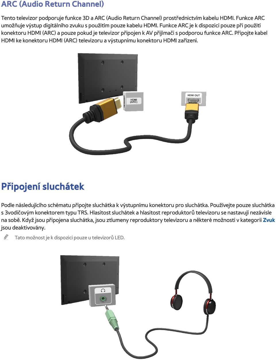 Připojte kabel HDMI ke konektoru HDMI (ARC) televizoru a výstupnímu konektoru HDMI zařízení. Připojení sluchátek Podle následujícího schématu připojte sluchátka k výstupnímu konektoru pro sluchátka.