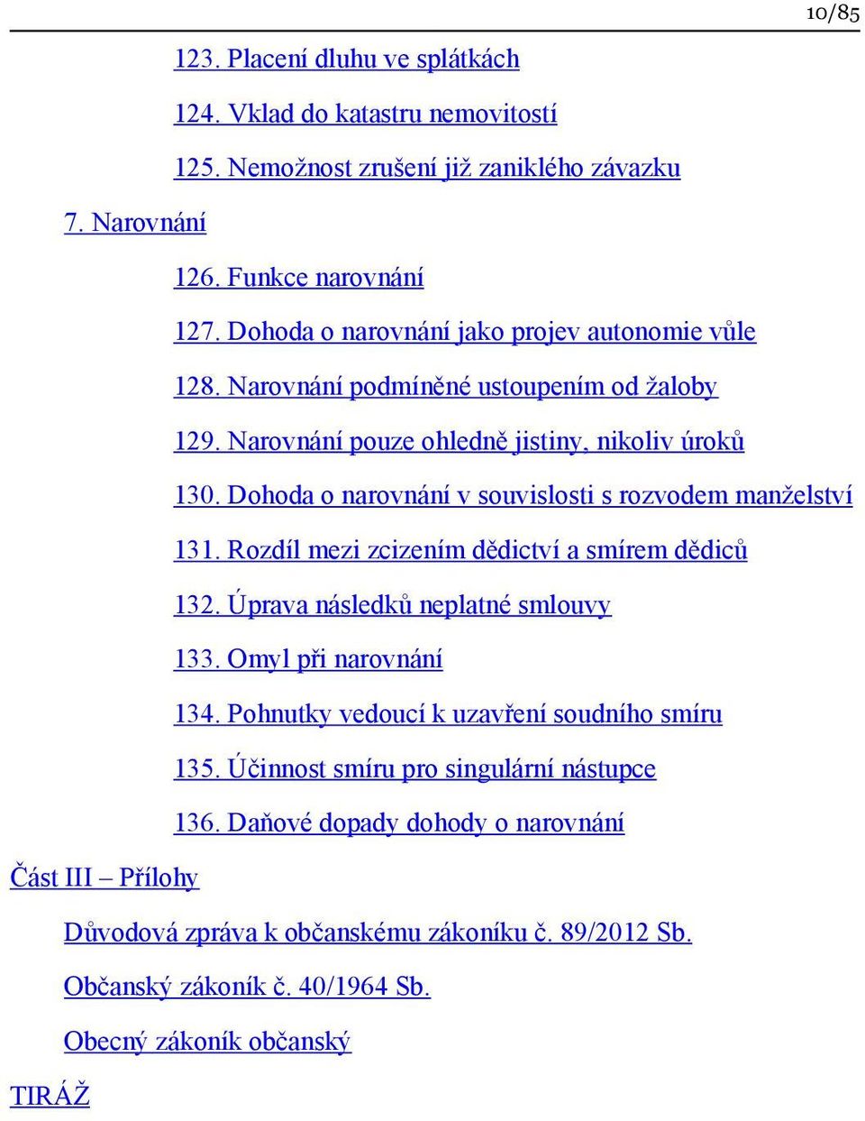 Dohoda o narovnání v souvislosti s rozvodem manželství 131. Rozdíl mezi zcizením dědictví a smírem dědiců 132. Úprava následků neplatné smlouvy 133. Omyl při narovnání 134.