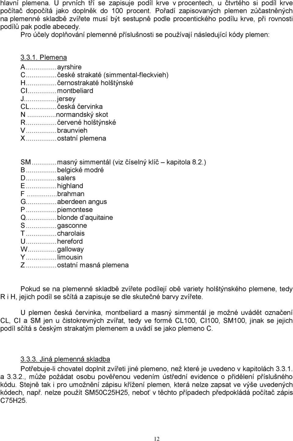 Pro účely doplňování plemenné příslušnosti se používají následující kódy plemen: 3.3.1. Plemena A... ayrshire C... české strakaté (simmental-fleckvieh) H... černostrakaté holštýnské CI... montbeliard J.