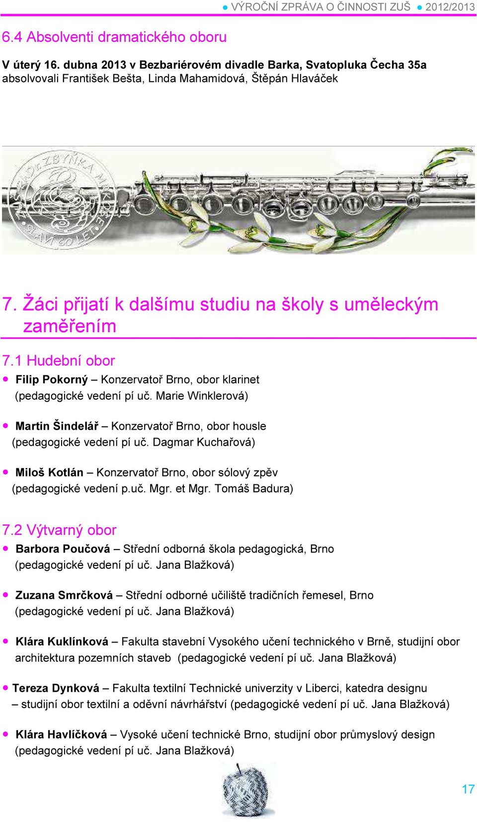 1 Hudební obor Filip Pokorný Konzervatoř Brno, obor klarinet (pedagogické vedení pí uč. Marie Winklerová) Martin Šindelář Konzervatoř Brno, obor housle (pedagogické vedení pí uč.