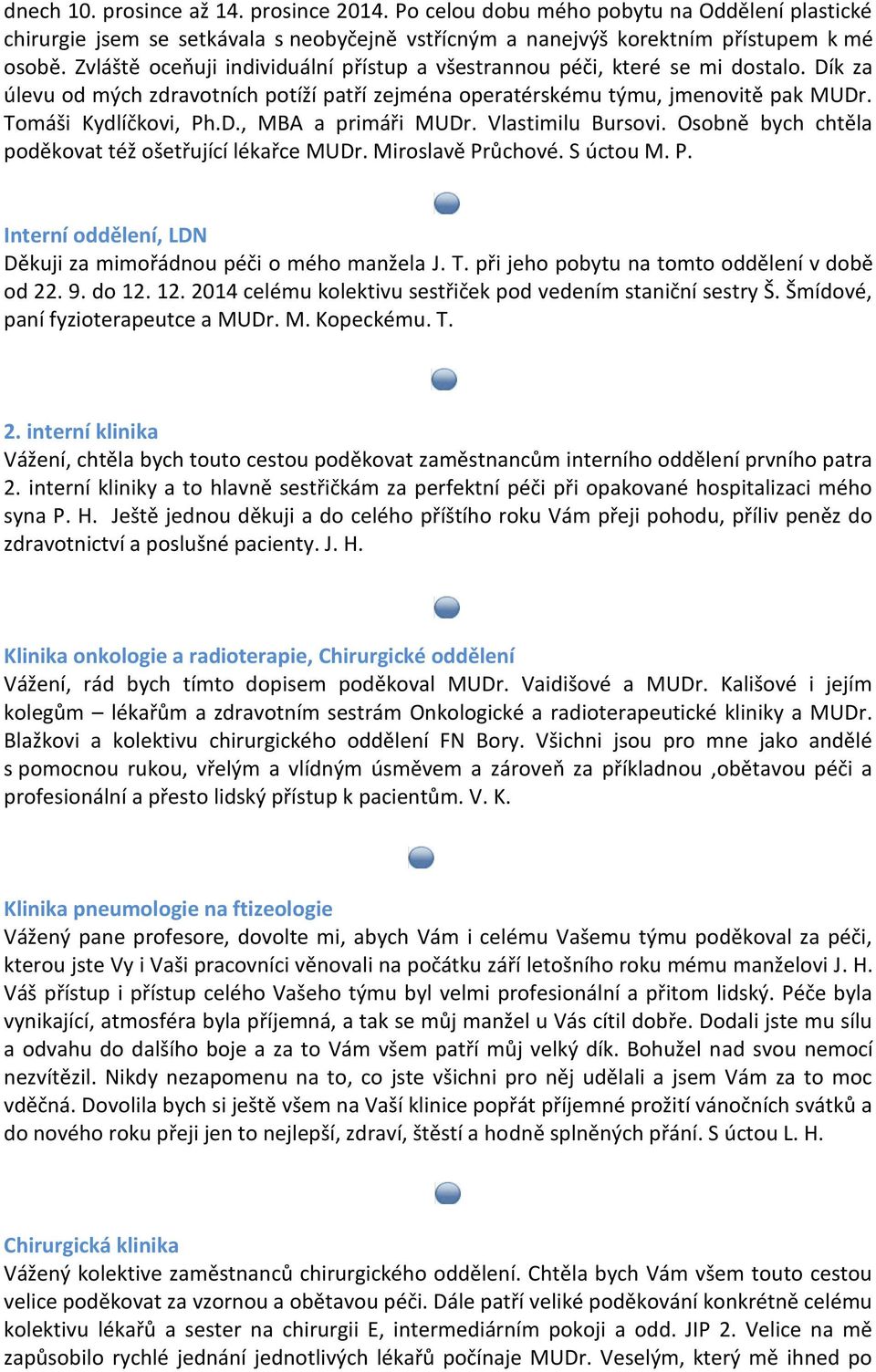 Vlastimilu Bursovi. Osobně bych chtěla poděkovat též ošetřující lékařce MUDr. Miroslavě Průchové. S úctou M. P. Interní oddělení, LDN Děkuji za mimořádnou péči o mého manžela J. T.