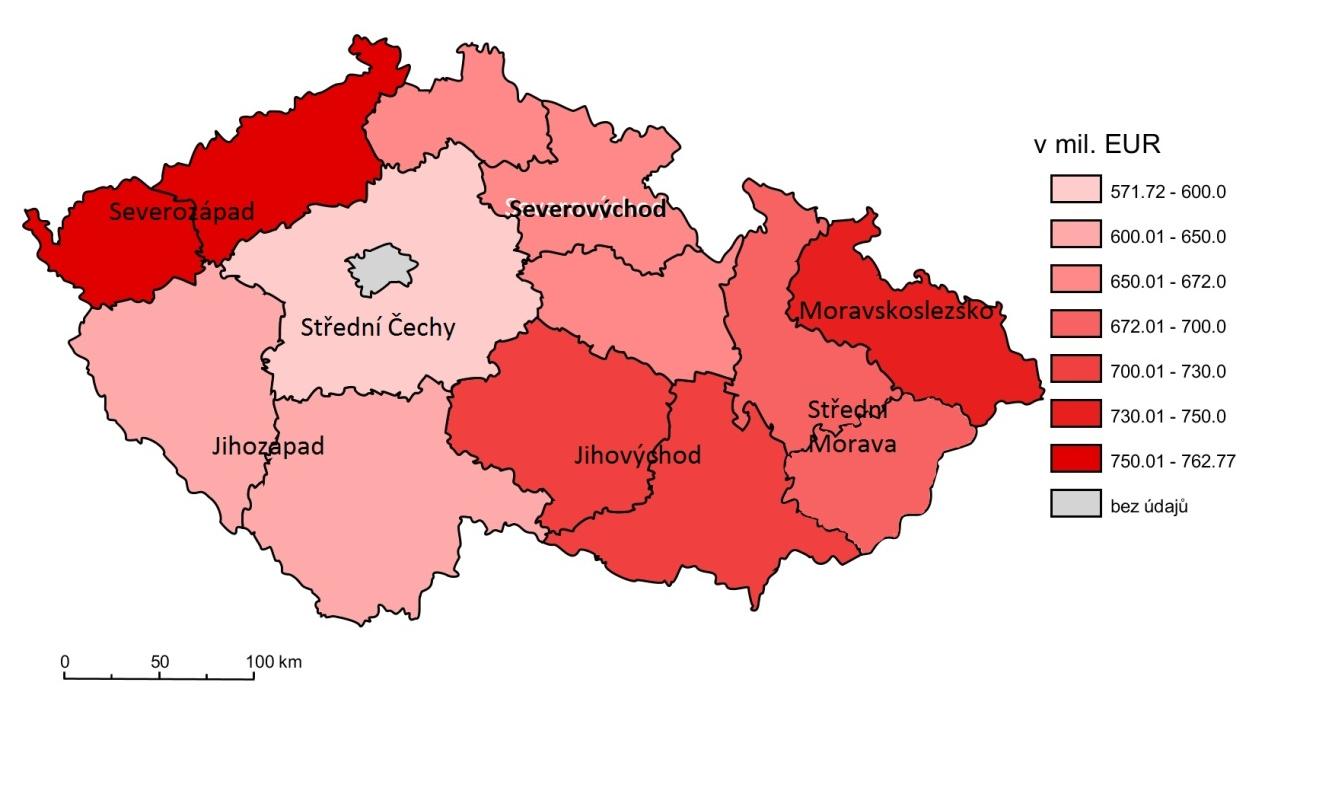 Obrázek 4: Čerpání prostředků z fondů EU v rámci regionů soudržnosti Zdroj: vlastní zpracování 672,24