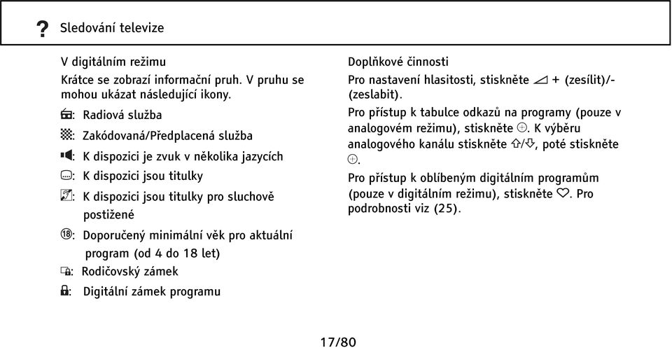 minimální věk pro aktuální program (od 4 do 18 let) : Rodičovský zámek : Digitální zámek programu Doplňkové činnosti Pro nastavení hlasitosti, stiskněte + (zesílit)/ (zeslabit).