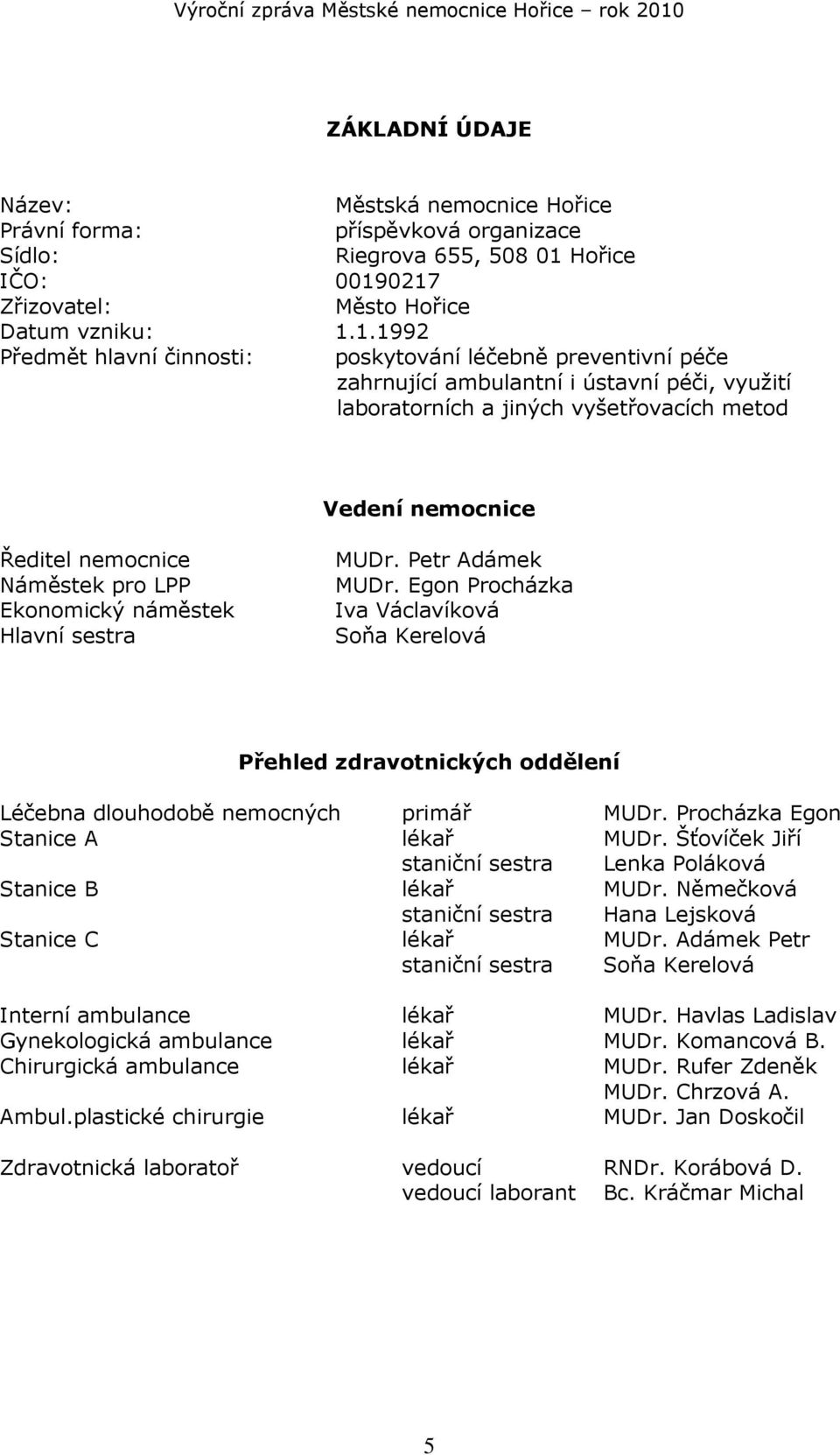 0217 Zřizovatel: Město Hořice Datum vzniku: 1.1.1992 Předmět hlavní činnosti: poskytování léčebně preventivní péče zahrnující ambulantní i ústavní péči, využití laboratorních a jiných vyšetřovacích