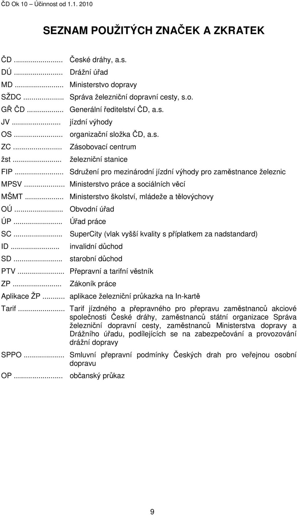 .. Ministerstvo práce a sociálních věcí MŠMT... Ministerstvo školství, mládeže a tělovýchovy OÚ... Obvodní úřad ÚP... Úřad práce SC... SuperCity (vlak vyšší kvality s příplatkem za nadstandard) ID.