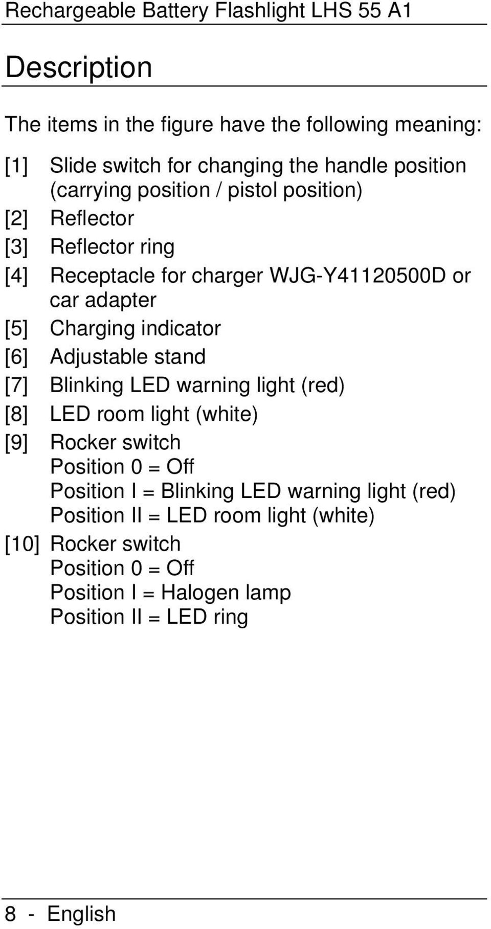 indicator [6] Adjustable stand [7] Blinking LED warning light (red) [8] LED room light (white) [9] Rocker switch Position 0 = Off Position I = Blinking