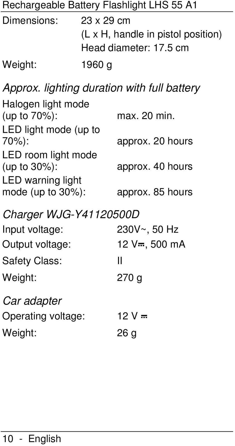 20 hours LED room light mode (up to 30%): approx. 40 hours LED warning light mode (up to 30%): approx.