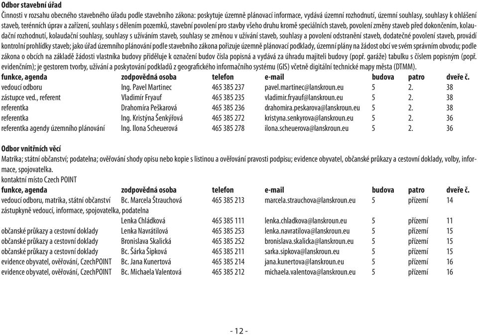 souhlasy, souhlasy s užíváním staveb, souhlasy se změnou v užívání staveb, souhlasy a povolení odstranění staveb, dodatečné povolení staveb, provádí kontrolní prohlídky staveb; jako úřad územního