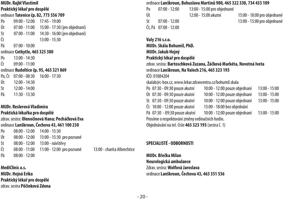 13:00-14:30 Čt 09:00-11:00 ordinace Rudoltice čp. 95, 465 321 869 Po, Čt 07:00-08:30 16:00-17:30 Út 12:00-14:30 St 12:00-14:00 Pá 11:30-13:30 MUDr.