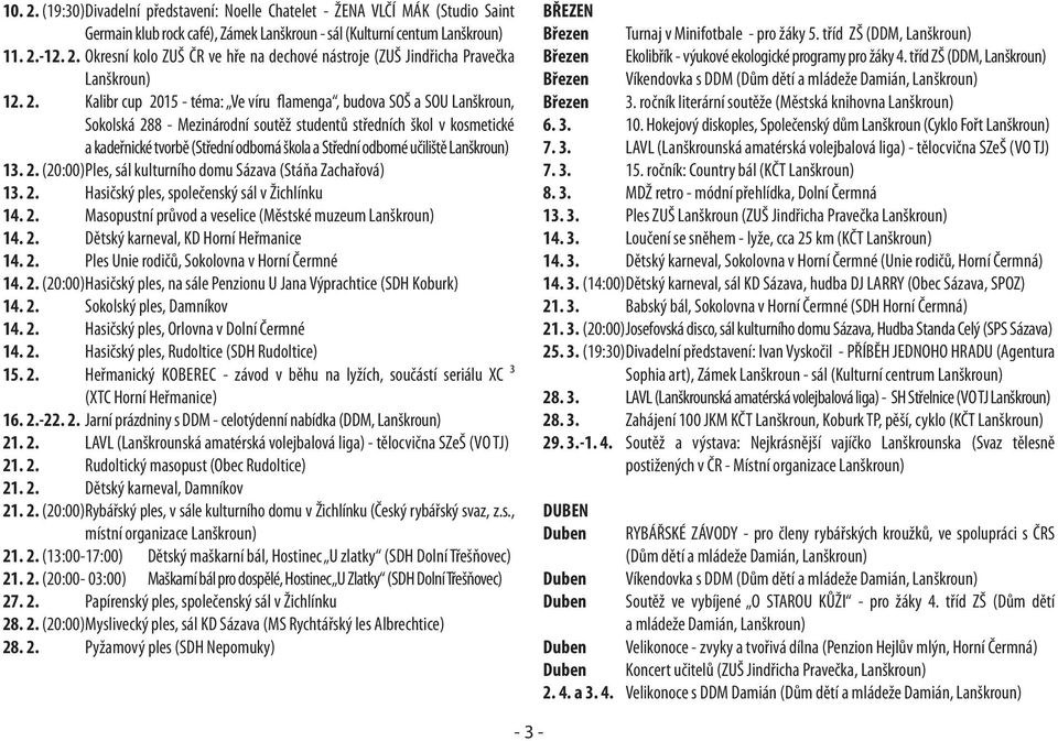 odborné učiliště Lanškroun) 13. 2. (20:00) Ples, sál kulturního domu Sázava (Stáňa Zachařová) 13. 2. Hasičský ples, společenský sál v Žichlínku 14. 2. Masopustní průvod a veselice (Městské muzeum Lanškroun) 14.