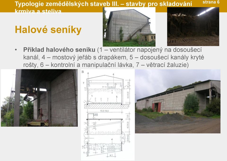 Příklad halového seníku (1 ventilátor napojený na dosoušecí kanál, 4