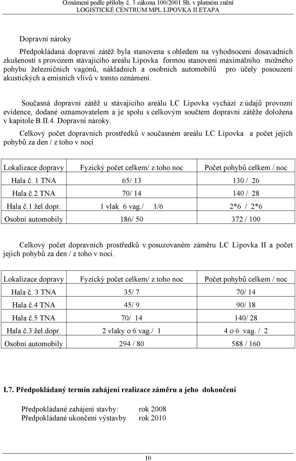 Současná dopravní zátěž u stávajícího areálu LC Lipovka vychází z údajů provozní evidence, dodané oznamovatelem a je spolu s celkovým součtem dopravní zátěže doložena v kapitole B.II.4.