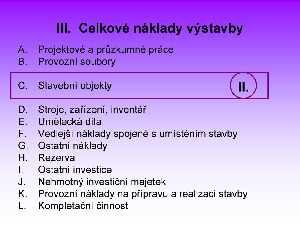 Vedlejší náklady spojené s umístěním stavby G. Ostatní náklady H. Rezerva I.