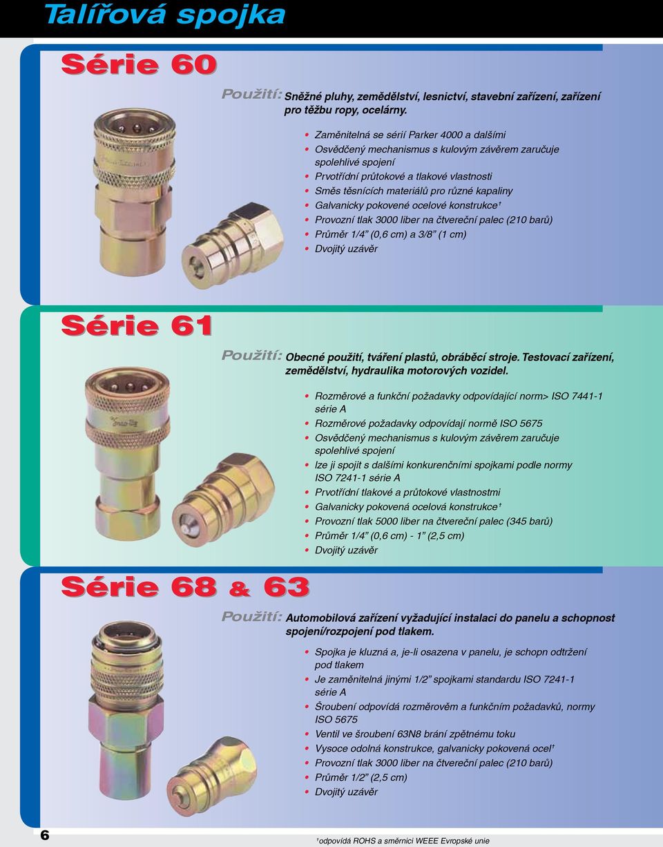 Galvanicky pokovené ocelové konstrukce Provozní tlak 3000 liber na čtvereční palec (210 barů) Průměr 1/4 (0,6 cm) a 3/8 (1 cm) Dvojitý uzávěr Série 61 Série 68 & 63 Obecné použití, tváření plastů,