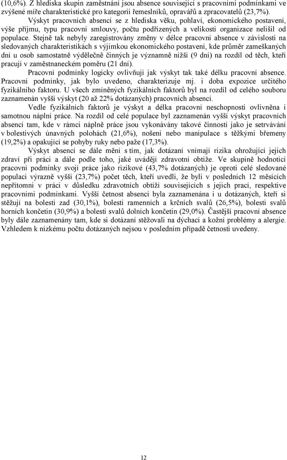 Stejně tak nebyly zaregistrovány změny v délce pracovní absence v závislosti na sledovaných charakteristikách s výjimkou ekonomického postavení, kde průměr zameškaných dní u osob samostatně výdělečně