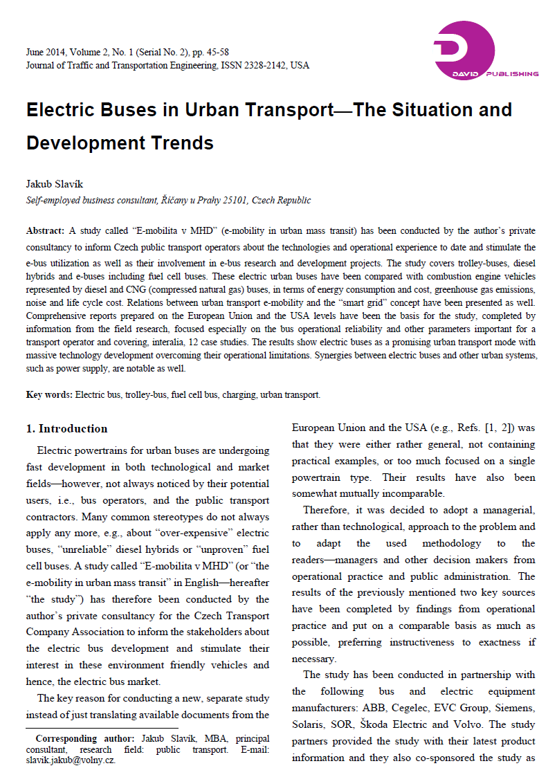 Aktualizace studie E-mobilita v MHD (2) 11th European Transport Congress, Praha 2013 Journal of Traffic and Transportation