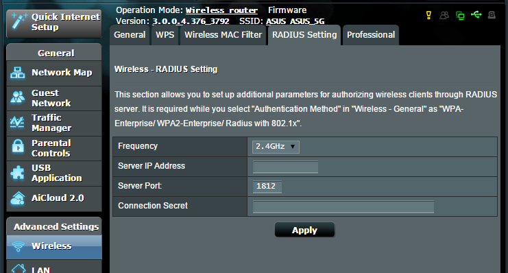 4.1.4 Nastavení RADIUS Nastavení RADIUS (Remote Authentication Dial In User Service) poskytuje dodatečnou vrstvu zabezpečení při výběru režimu ověřování WPA-podnikový, WPA2-podnikový nebo Radius s