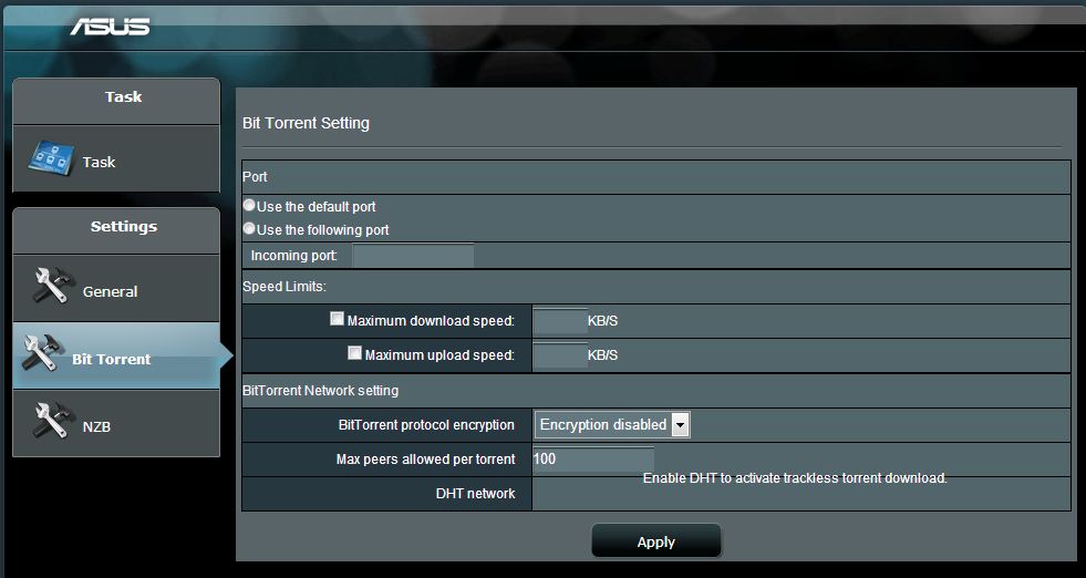 5. Pomocí navigačního panelu nakonfigurujte upřesňující nastavení. 5.4.1 Konfigurování nastavení stahování Bit Torrent Pokyny pro konfigurování stahování BitTorrent: 1.