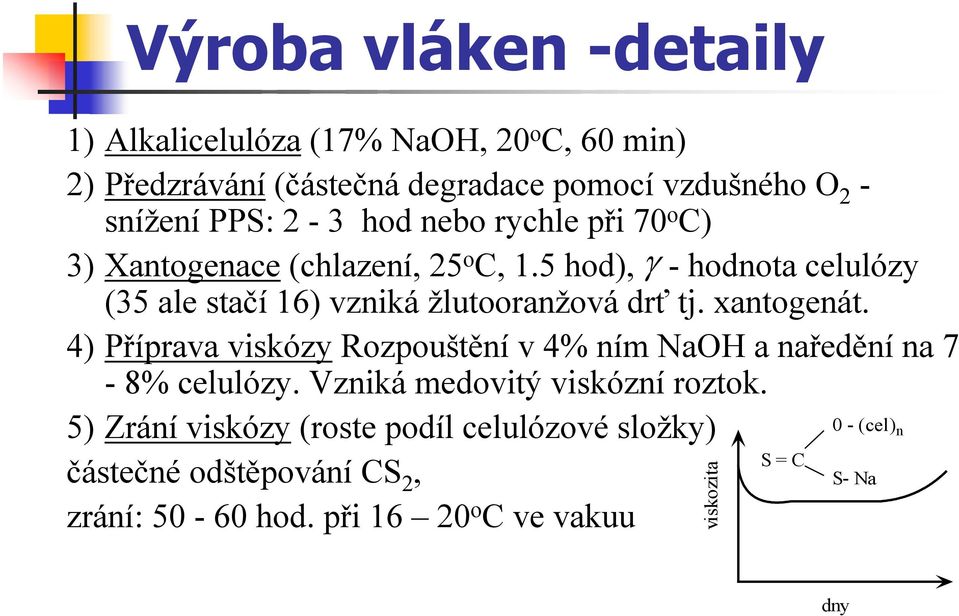 5 hod), γ - hodnota celulózy (35 ale stačí 16) vzniká žlutooranžová drť tj. xantogenát.