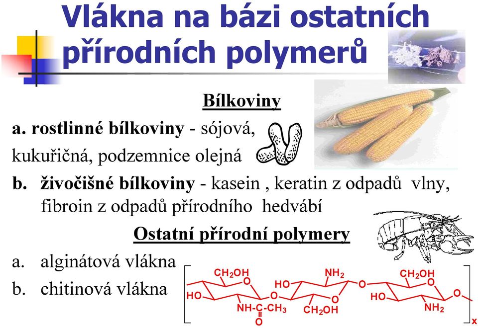 živočišné bílkoviny - kasein, keratin z odpadů vlny, fibroin z odpadů přírodního