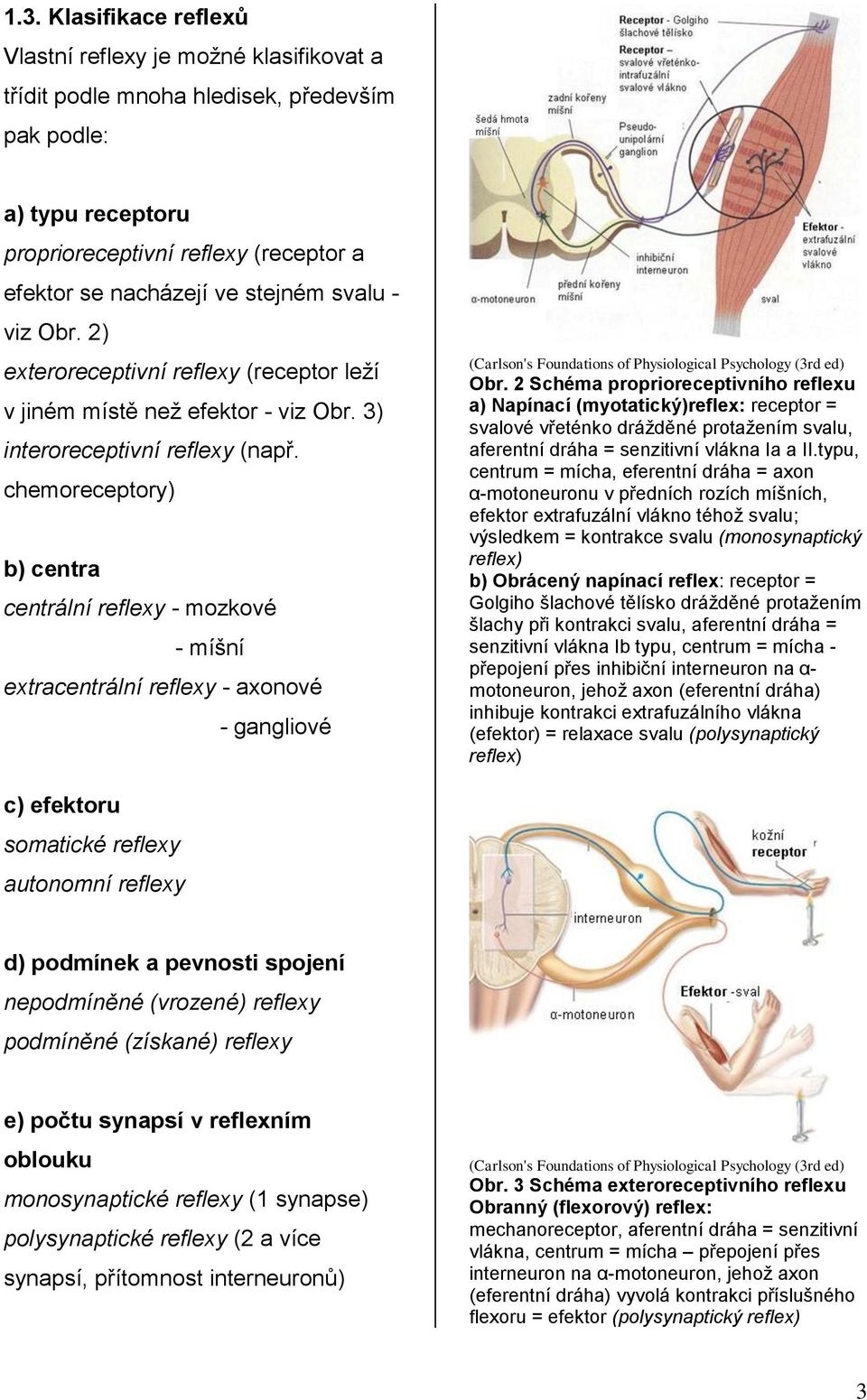 chemoreceptory) b) centra centrální reflexy - mozkové - míšní extracentrální reflexy - axonové - gangliové (Carlson's Foundations of Physiological Psychology (3rd ed) Obr.
