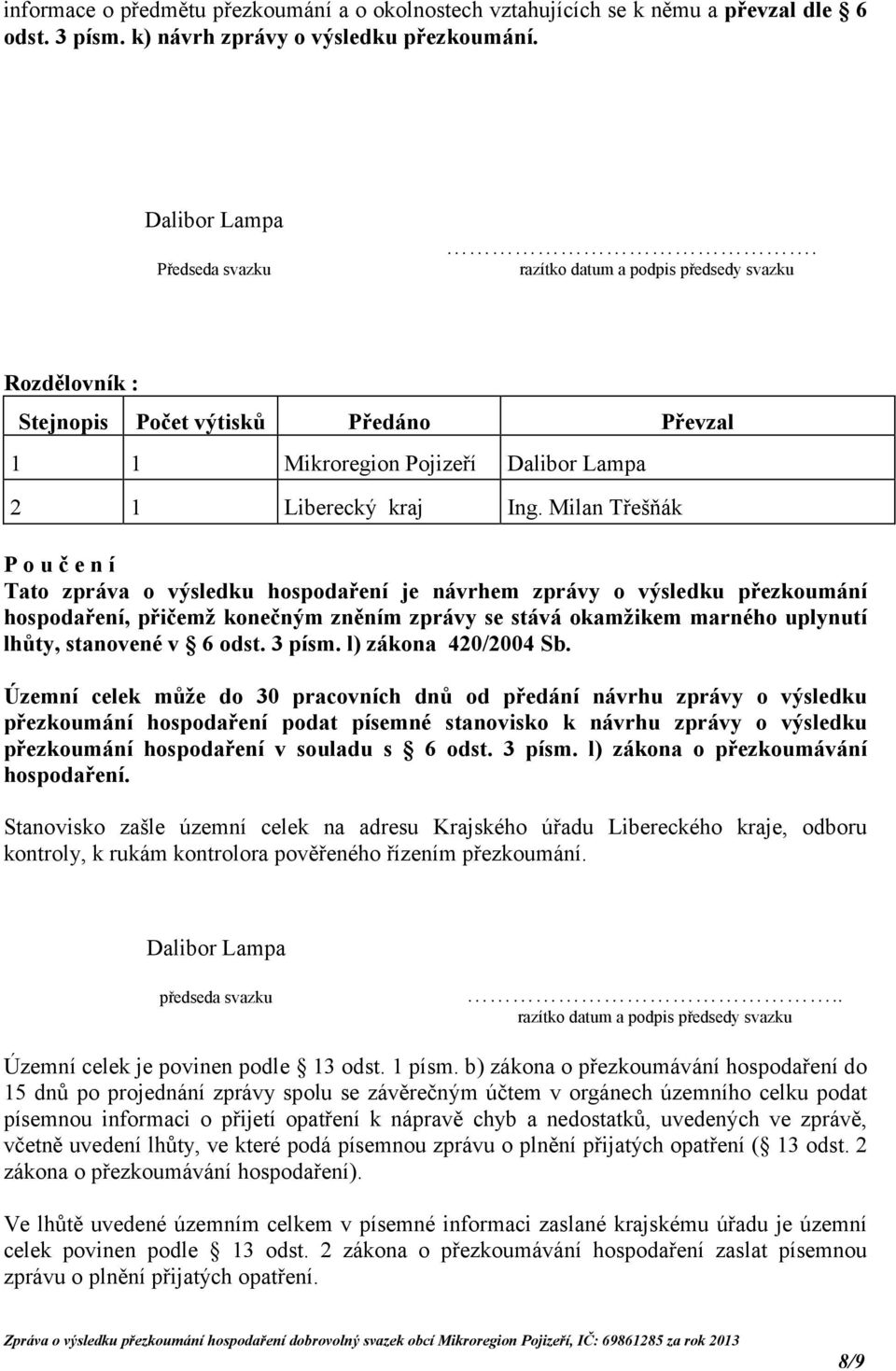 Milan Třešňák Poučení Tato zpráva o výsledku hospodaření je návrhem zprávy o výsledku přezkoumání hospodaření, přičemž konečným zněním zprávy se stává okamžikem marného uplynutí lhůty, stanovené v 6