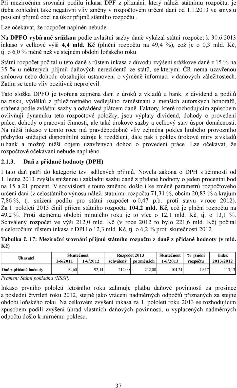 2013 inkaso v celkové výši 4,4 mld. Kč (plnění rozpočtu na 49,4 %), což je o 0,3 mld. Kč, tj. o 6,0 % méně než ve stejném období loňského roku.