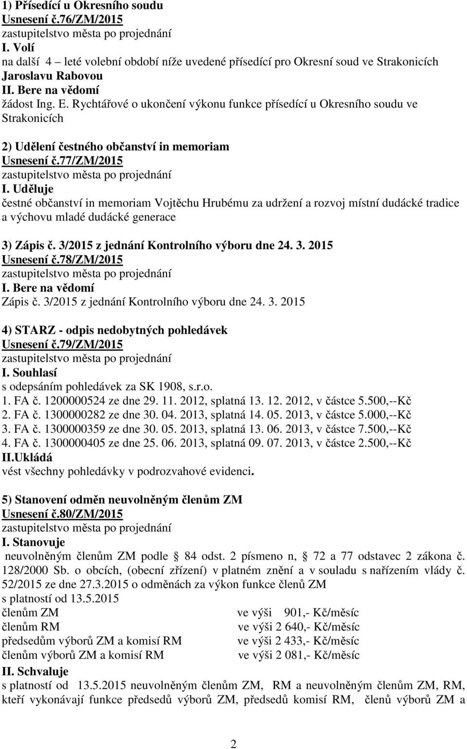 Uděluje čestné občanství in memoriam Vojtěchu Hrubému za udržení a rozvoj místní dudácké tradice a výchovu mladé dudácké generace 3) Zápis č. 3/2015 z jednání Kontrolního výboru dne 24. 3. 2015 Usnesení č.