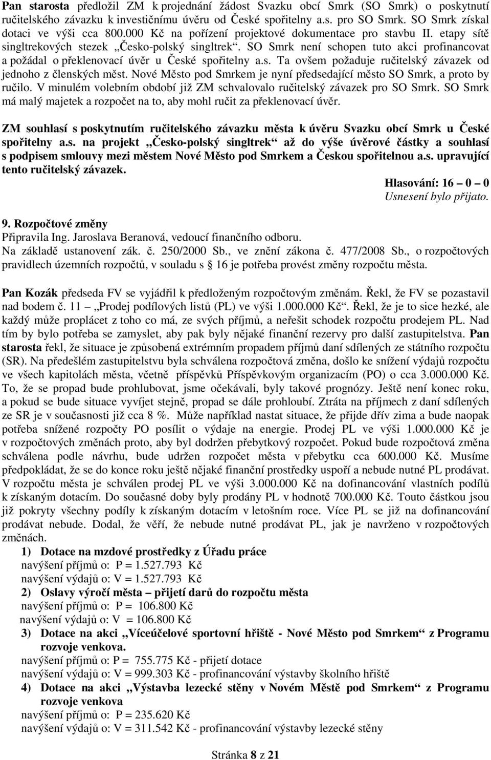 SO Smrk není schopen tuto akci profinancovat a požádal o překlenovací úvěr u České spořitelny a.s. Ta ovšem požaduje ručitelský závazek od jednoho z členských měst.