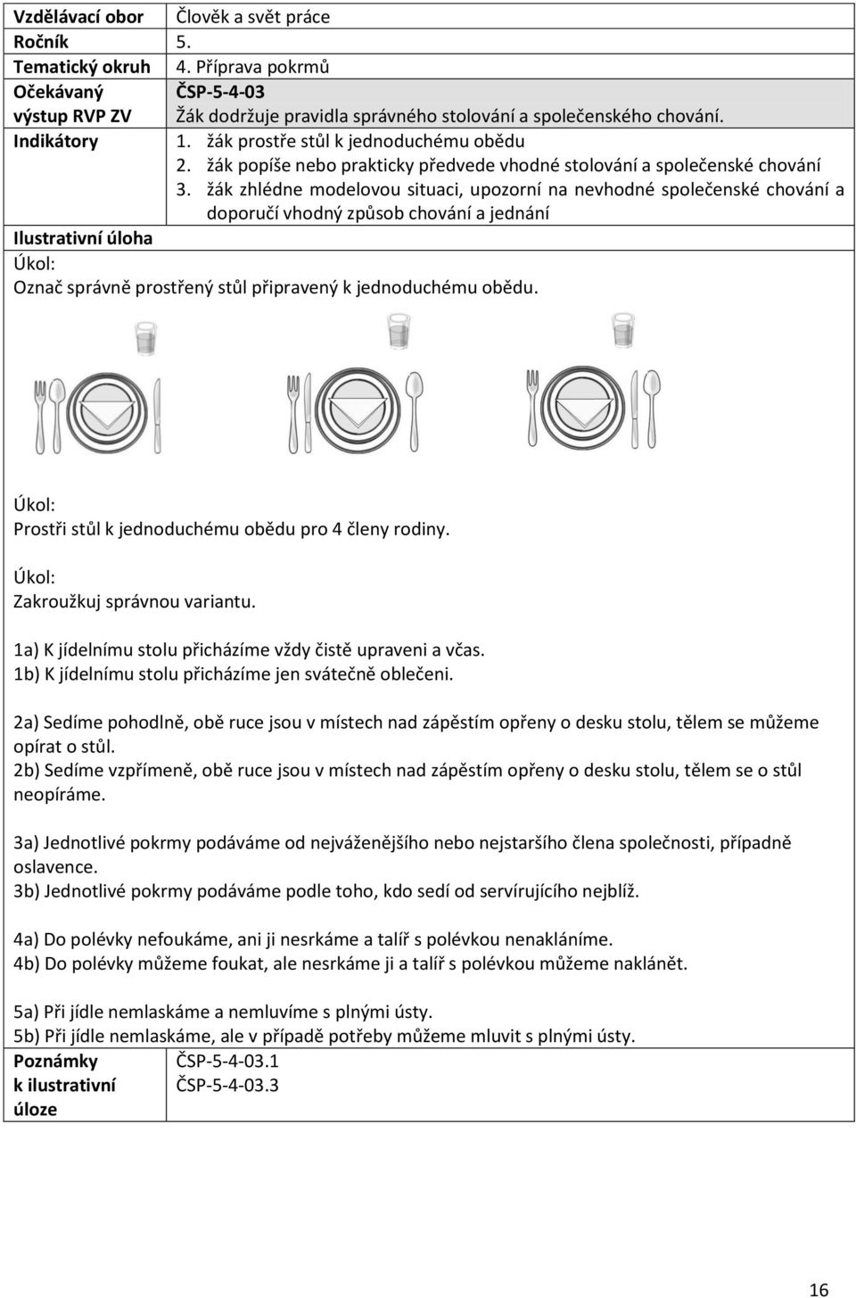 žák zhlédne modelovou situaci, upozorní na nevhodné společenské chování a doporučí vhodný způsob chování a jednání Úkol: Označ správně prostřený stůl připravený k jednoduchému obědu.