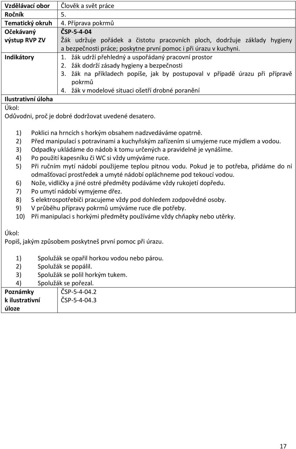 žák udrží přehledný a uspořádaný pracovní prostor 2. žák dodrží zásady hygieny a bezpečnosti 3. žák na příkladech popíše, jak by postupoval v případě úrazu při přípravě pokrmů 4.