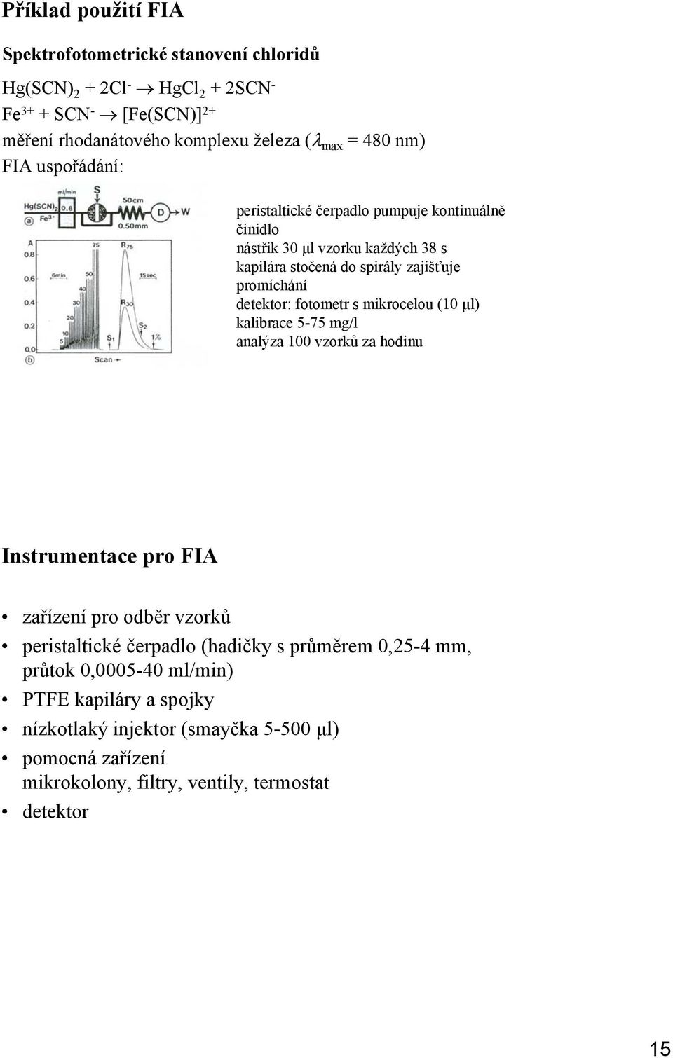 fotometr s mikrocelou (10 µl) kalibrace 575 mg/l analýza 100 vzorků za hodinu Instrumentace pro FIA zařízení pro odběr vzorků peristaltické čerpadlo (hadičky s
