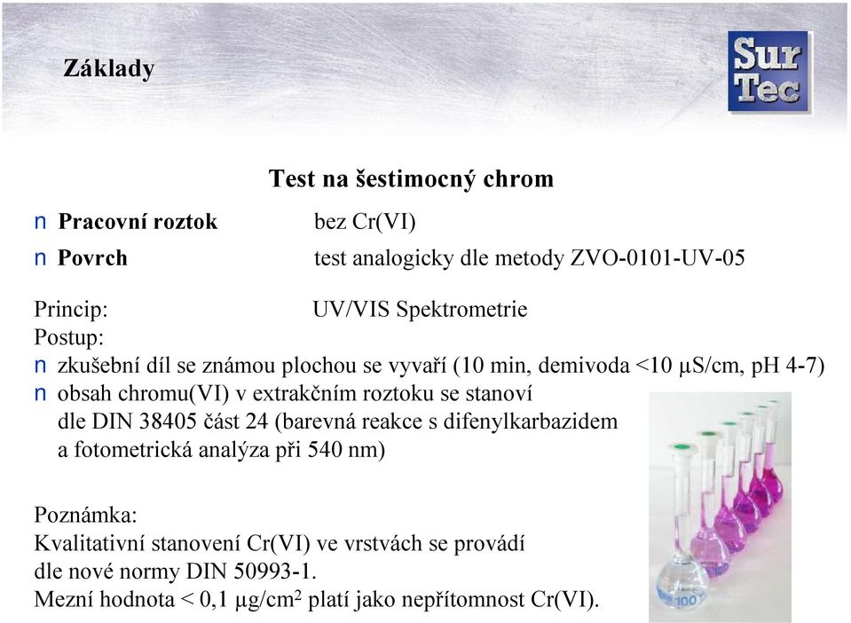 roztoku se stanoví dle DIN 38405 část 24 (barevnáreakce s difenylkarbazidem a fotometrická analýza při 540 nm) Poznámka: