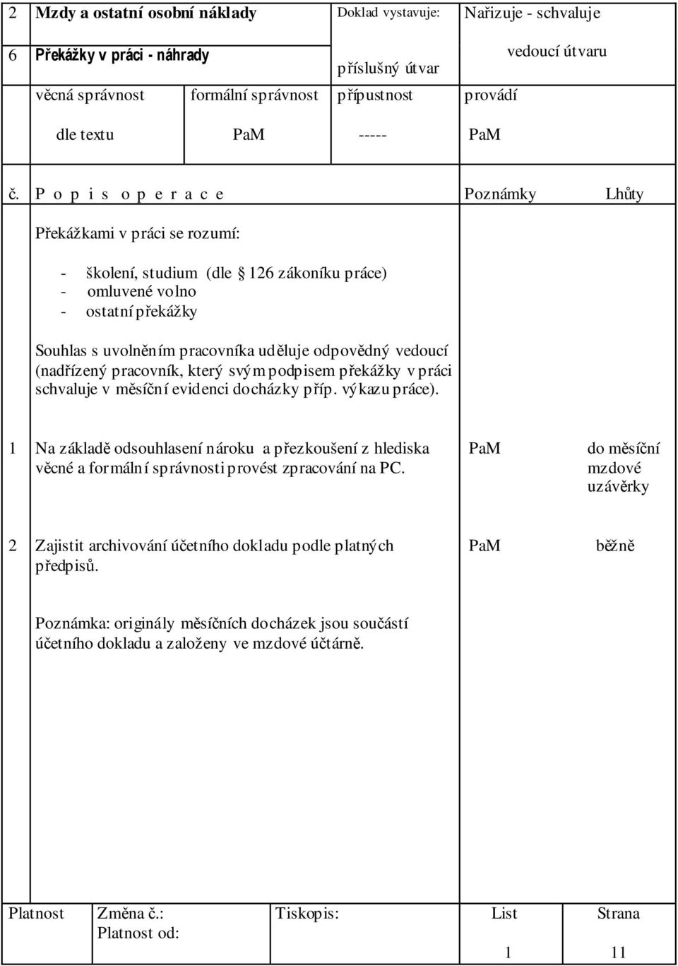 svým podpisem pekážky v práci schvaluje v msíní evidenci docházky píp. výkazu práce).