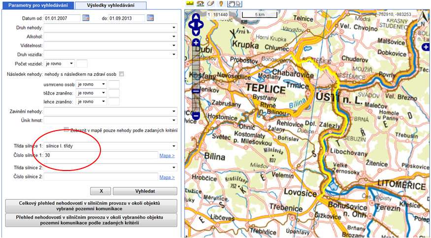 Zobrazení podle vybraných kritérií Nehodovost v okolí objektů na vybrané silnici Pokud chce uživatel