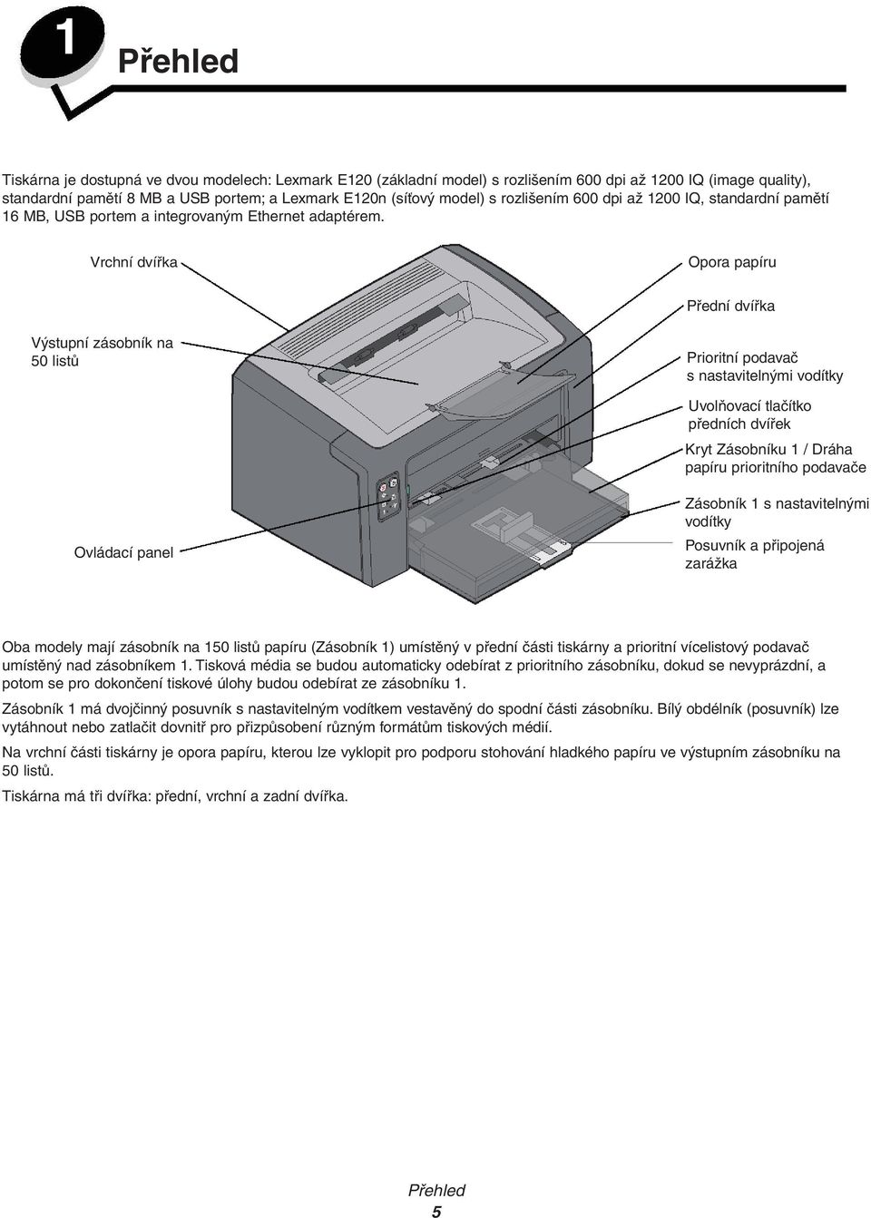 Vrchní dvířka Opora papíru Přední dvířka Výstupní zásobník na 50 listů Prioritní podavač s nastavitelnými vodítky Uvolňovací tlačítko předních dvířek Kryt Zásobníku 1 / Dráha papíru prioritního