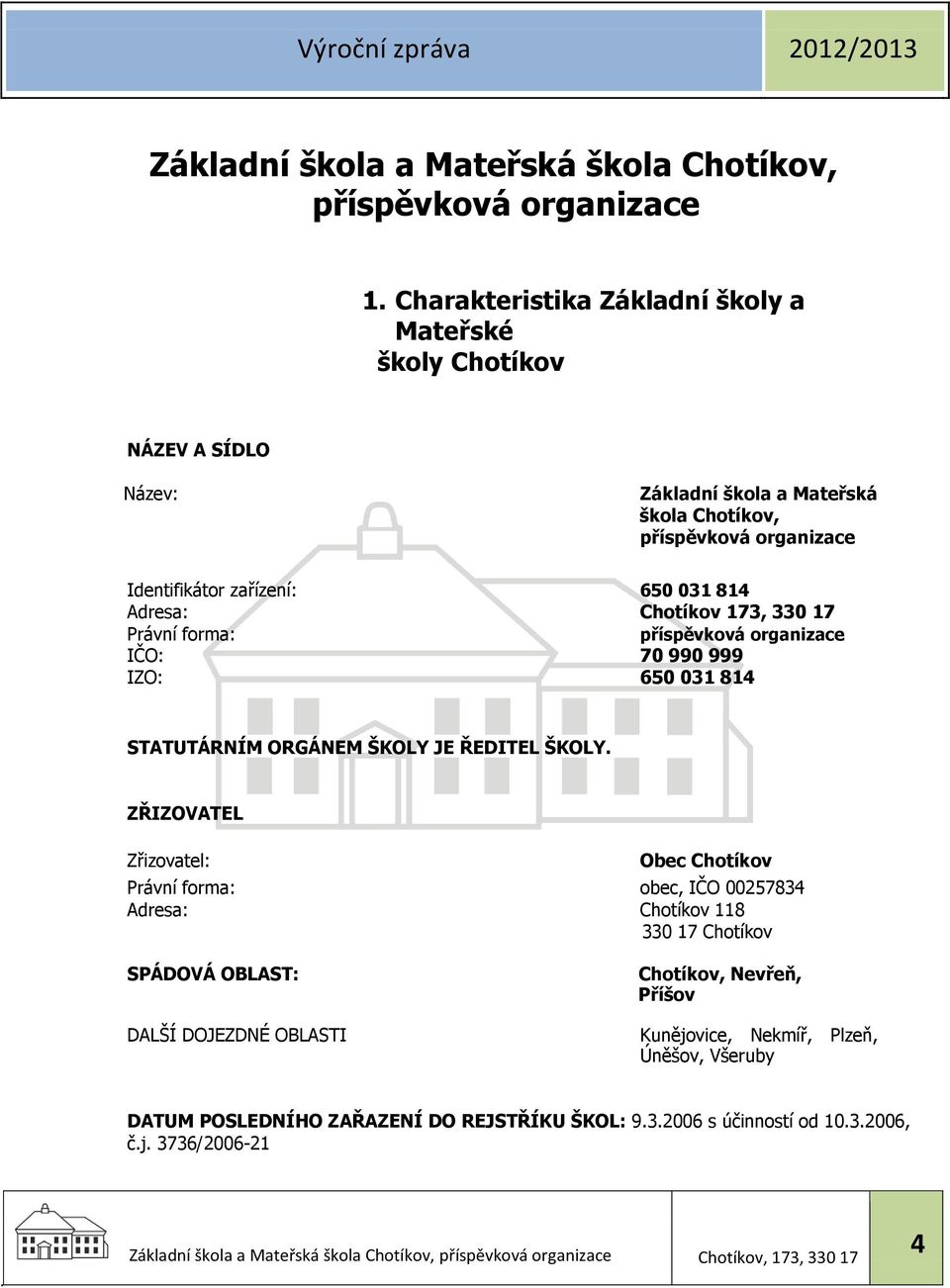 814 Adresa: Chotíkov 173, 330 17 Právní forma: příspěvková organizace IČO: 70 990 999 IZO: 650 031 814 STATUTÁRNÍM ORGÁNEM ŠKOLY JE ŘEDITEL ŠKOLY.