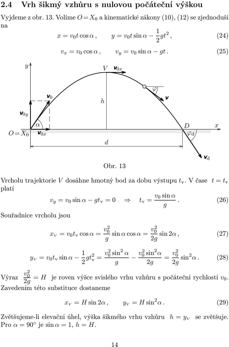 13 vd Vrcholutrajektorie V dosáhnehmotnýbodzadobuvýstupu t v.včase t=t v platí v y = v 0 sinα gt v =0 t v = v 0sinα.