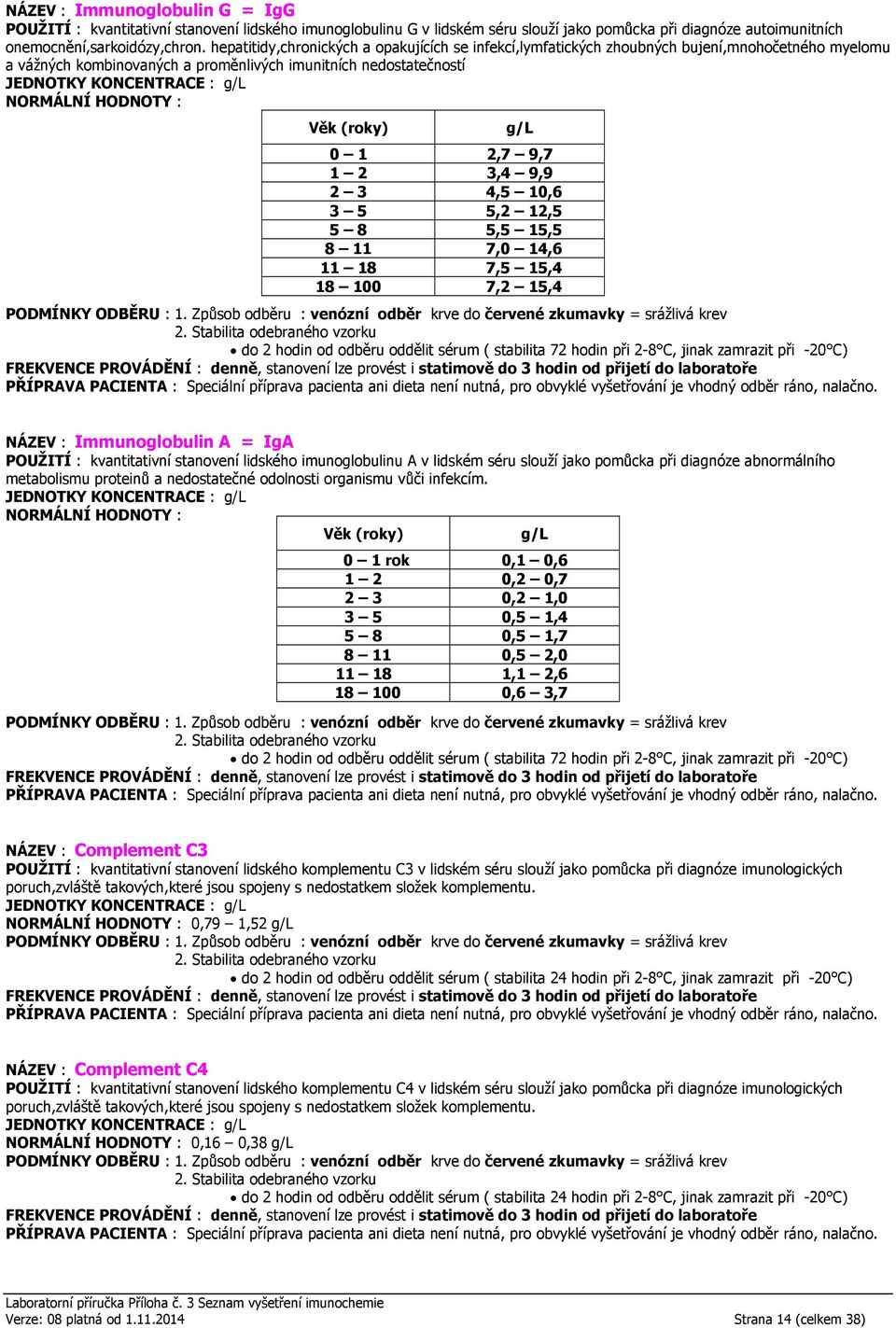 NORMÁLNÍ HODNOTY : Věk (roky) g/l 0 1 2,7 9,7 1 2 3,4 9,9 2 3 4,5 10,6 3 5 5,2 12,5 5 8 5,5 15,5 8 11 7,0 14,6 11 18 7,5 15,4 18 100 7,2 15,4 do 2 hodin od odběru oddělit sérum ( stabilita 72 hodin