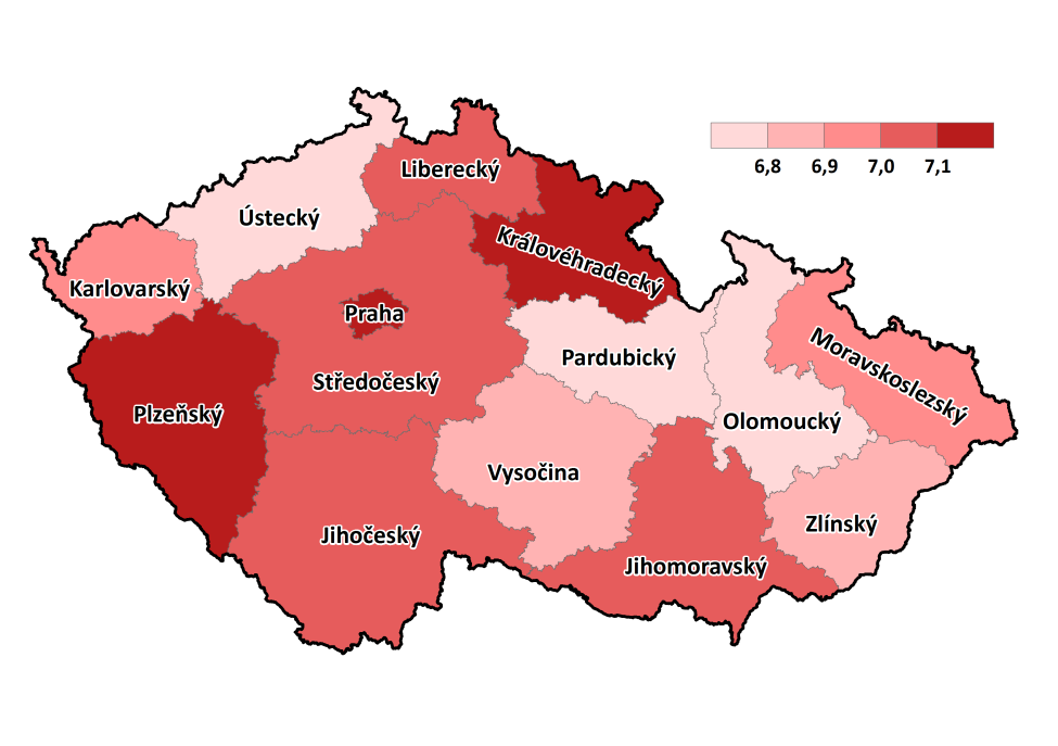 Mapa 1: Průměrná známka spokojenosti s životem v krajích ČR, 2013 Kromě celkové spokojenosti se životem jsme se respondentů ptali také na hodnocení jejich spokojenosti s vybranými oblastmi života,
