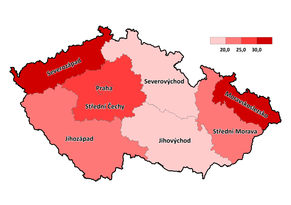 Mapa 2: Podíl respondentů, kteří se v okolí svého bydliště necítí po setmění bezpečně*, regiony ČR, 2013 *respondenti, kteří vybrali jednu z odpovědí nepříliš bezpečně nebo vůbec ne bezpečně Vyhlídky