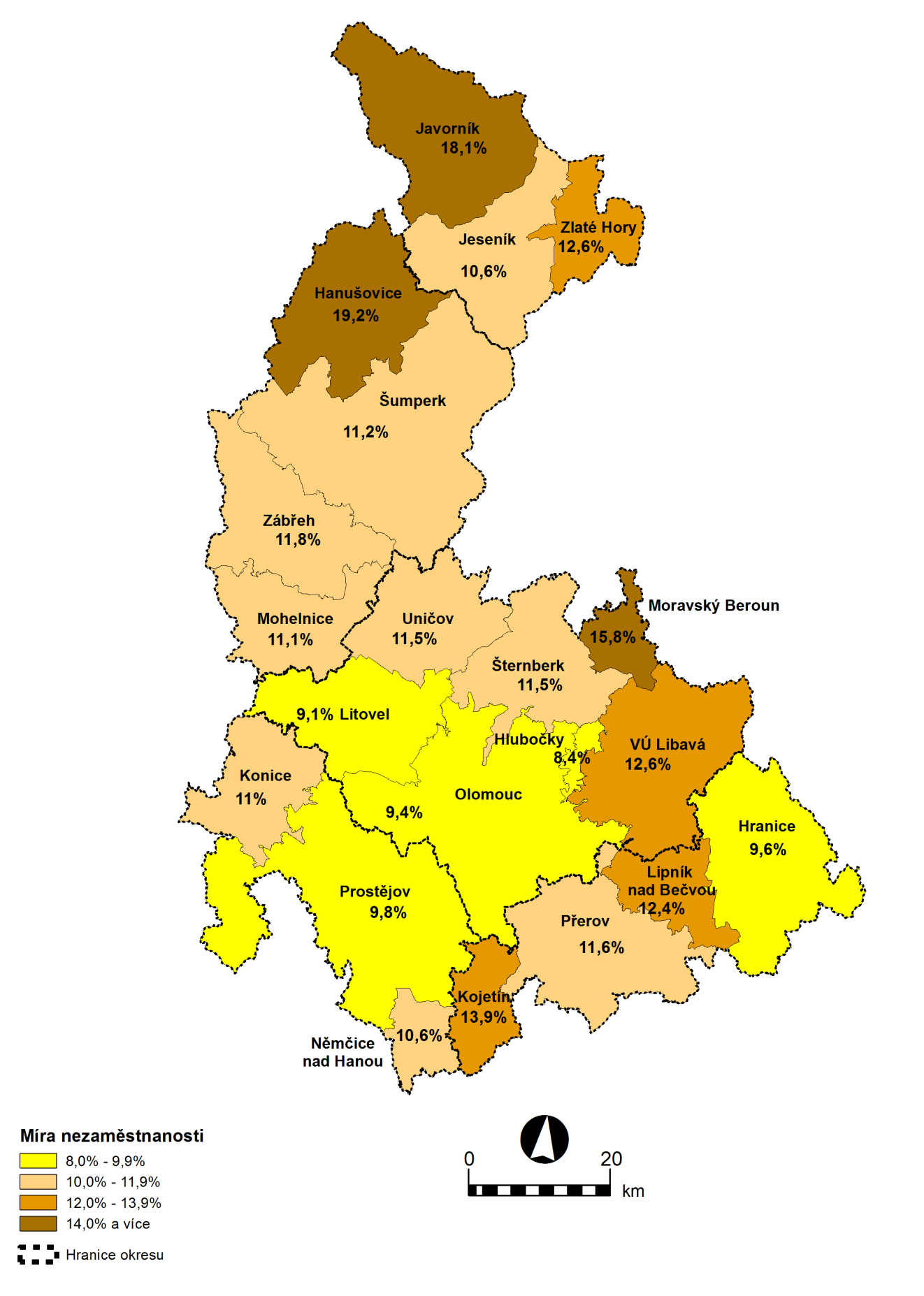 Mapa: Míra nezaměstnanosti na území pověřených