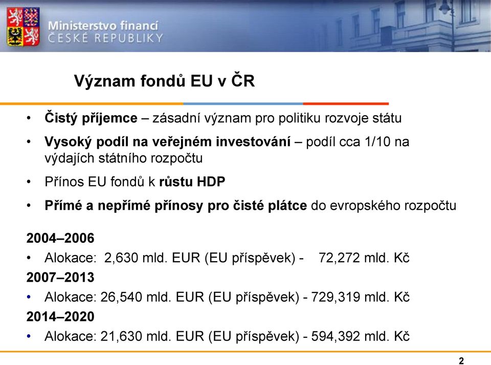 čisté plátce do evropského rozpočtu 2004 2006 Alokace: 2,630 mld. EUR (EU příspěvek) - 72,272 mld.