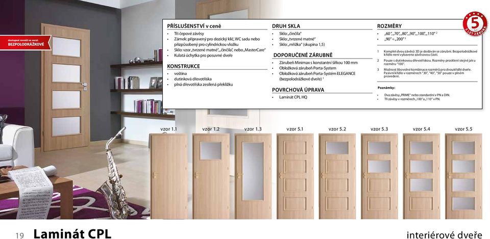 1 Laminát CPL HQ 60, 70, 80, 90, 100, 110 2 90 200 3 1 Komplet dvou závěsů 3D je dodáván se zárubní. Bezpolodrážkové křídlo není vybaveno závěsovou částí. 2 Pouze s dutinkovou dřevotřískou.