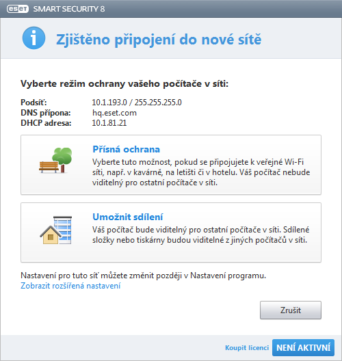 Nastavení důvěryhodné zóny Pokud je po dokončení instalace nalezeno síťové připojení, objeví se na obrazovce upozornění týkající se nastavení důvěryhodné zóny.