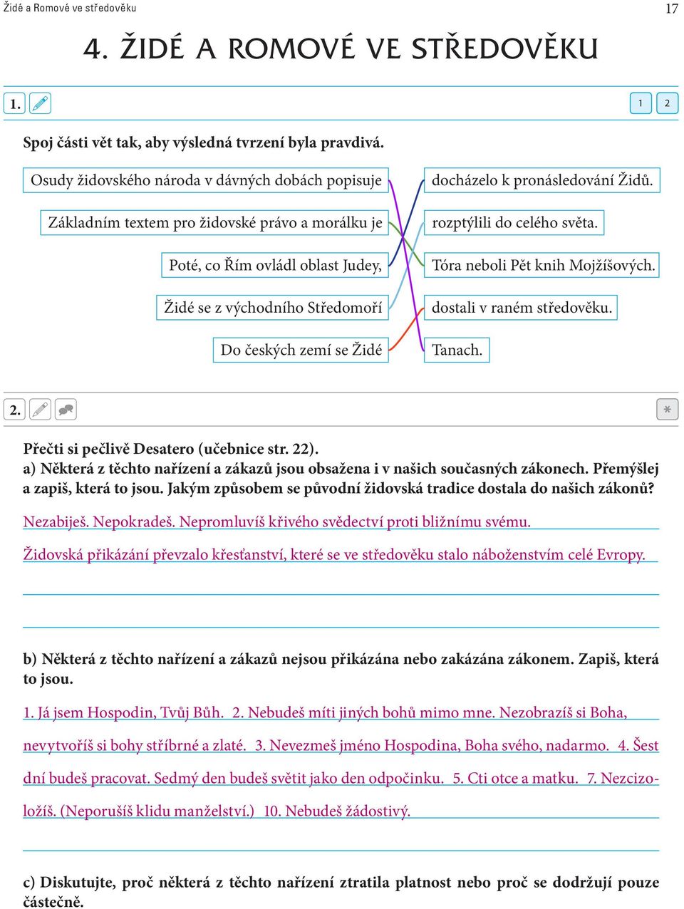 k pronásledování Židů. rozptýlili do celého světa. Tóra neboli Pět knih Mojžíšových. dostali v raném středověku. Tanach. 2. Přečti si pečlivě Desatero (učebnice str. 22).