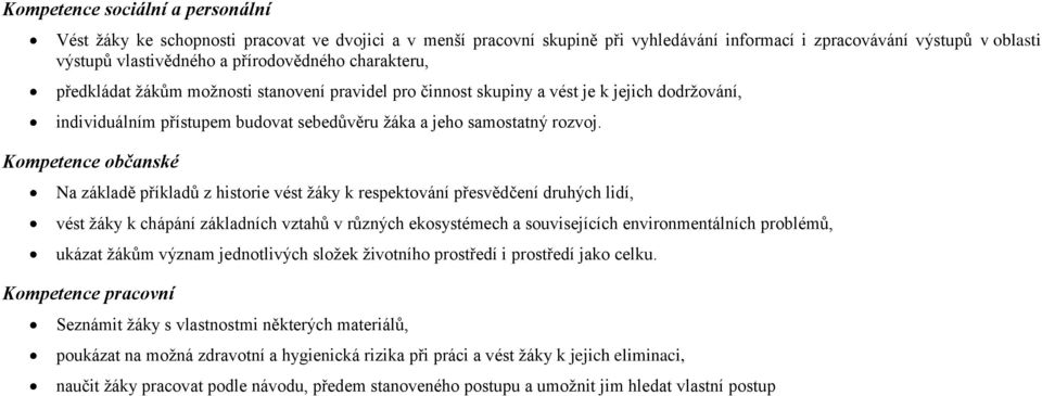 Kompetence občanské Na základě příkladů z historie vést žáky k respektování přesvědčení druhých lidí, vést žáky k chápání základních vztahů v různých ekosystémech a souvisejících environmentálních