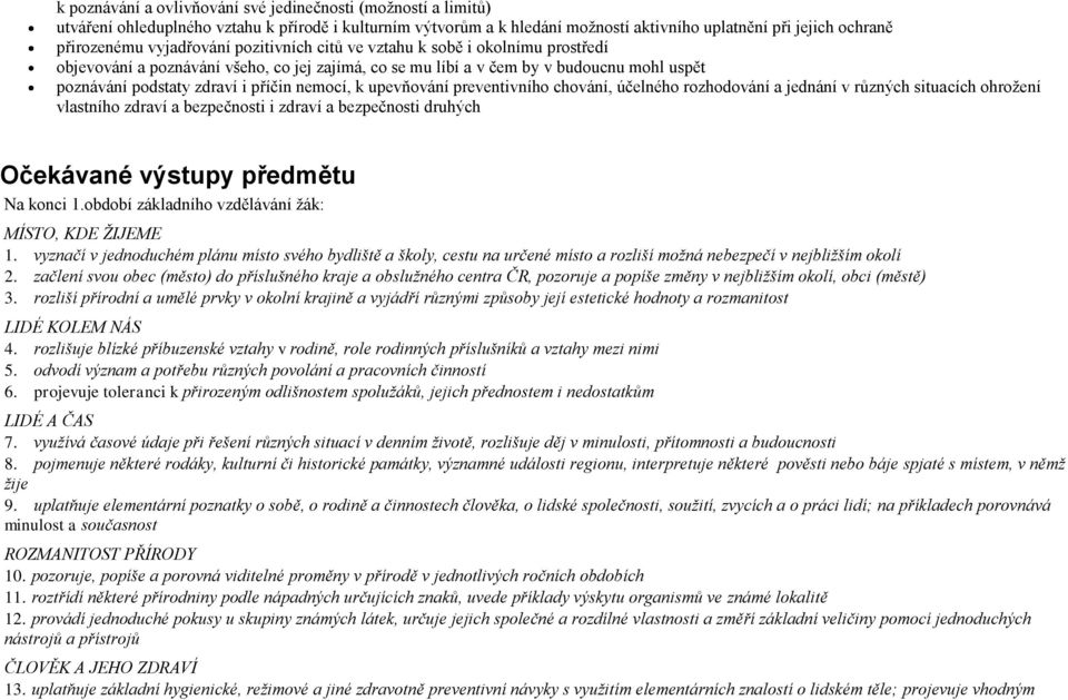 nemocí, k upevňování preventivního chování, účelného rozhodování a jednání v různých situacích ohrožení vlastního zdraví a bezpečnosti i zdraví a bezpečnosti druhých Očekávané výstupy předmětu Na